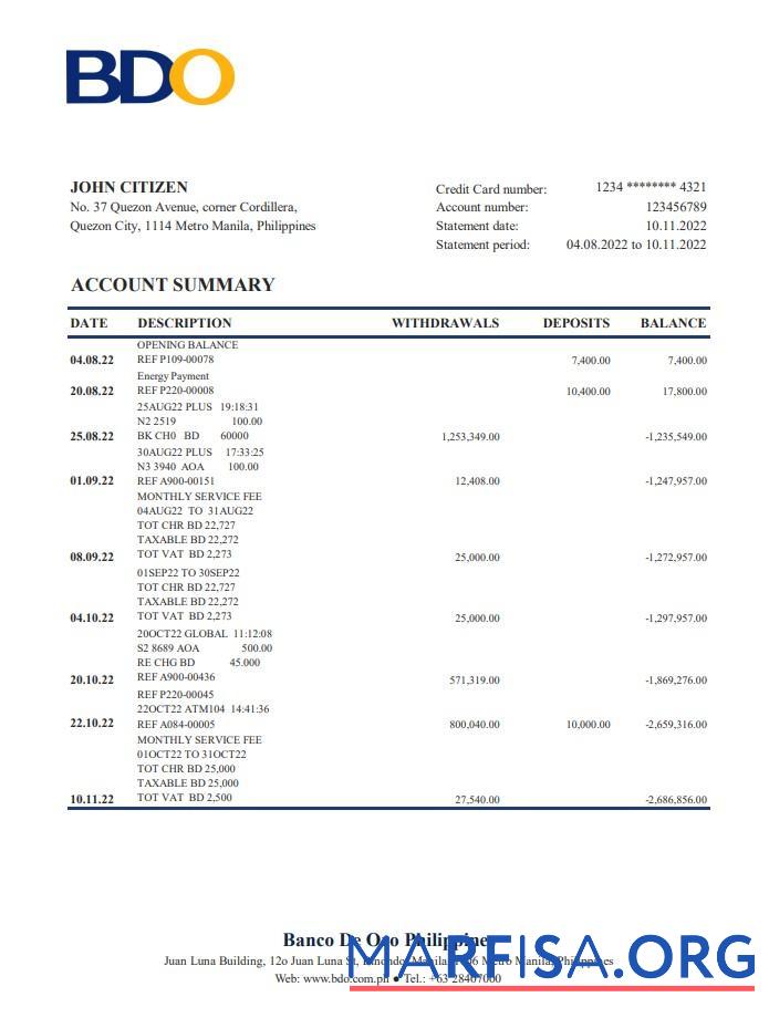 Printable Philippines BDO bank statement excel sample